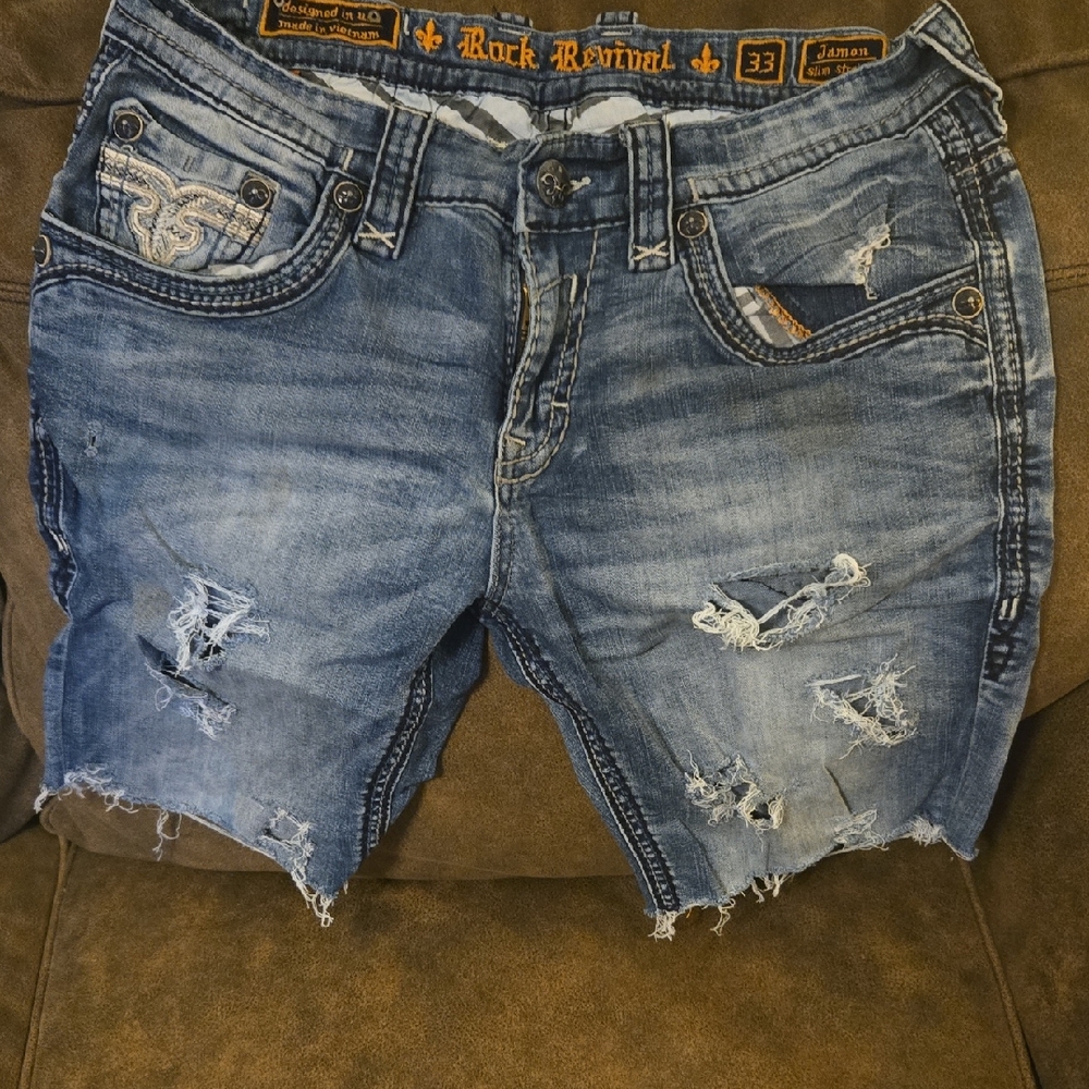Mens Rock Revival Jamon Slim Straight Ripped Indigo Jean Shorts Size 34